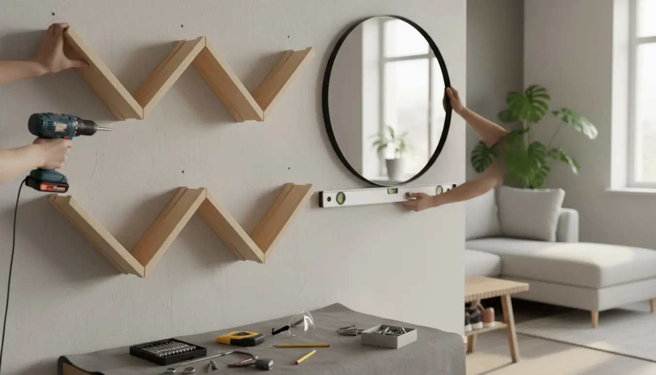 Hænder monterer zigzag-vinreoler i stuen og hænger et rundt spejl i entreen med boremaskine og målebånd.