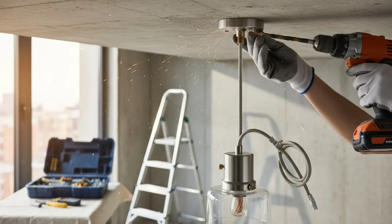 Ophængning af en loftslampe i et betonloft med stige og værktøj.