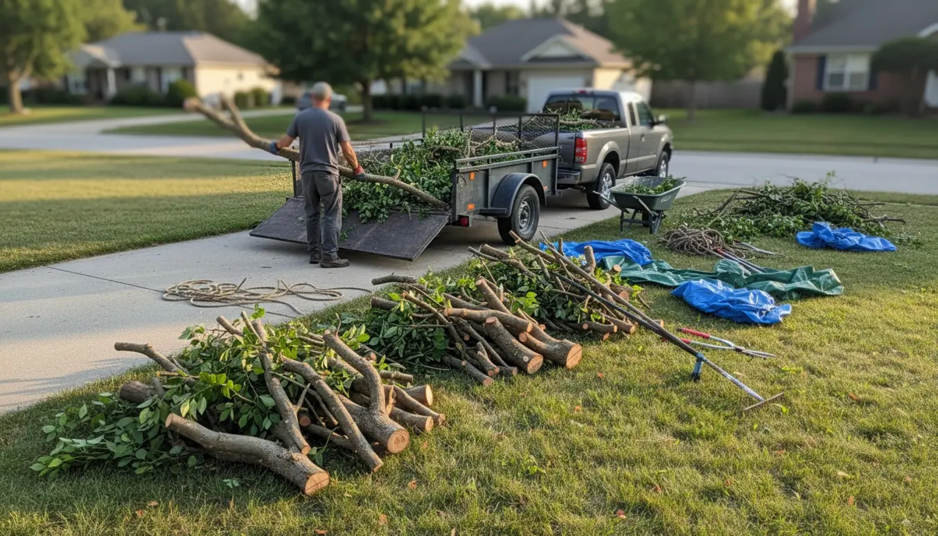 To store bunker af nyafskårne grene ved en indkørsel klar til bortkørsel.