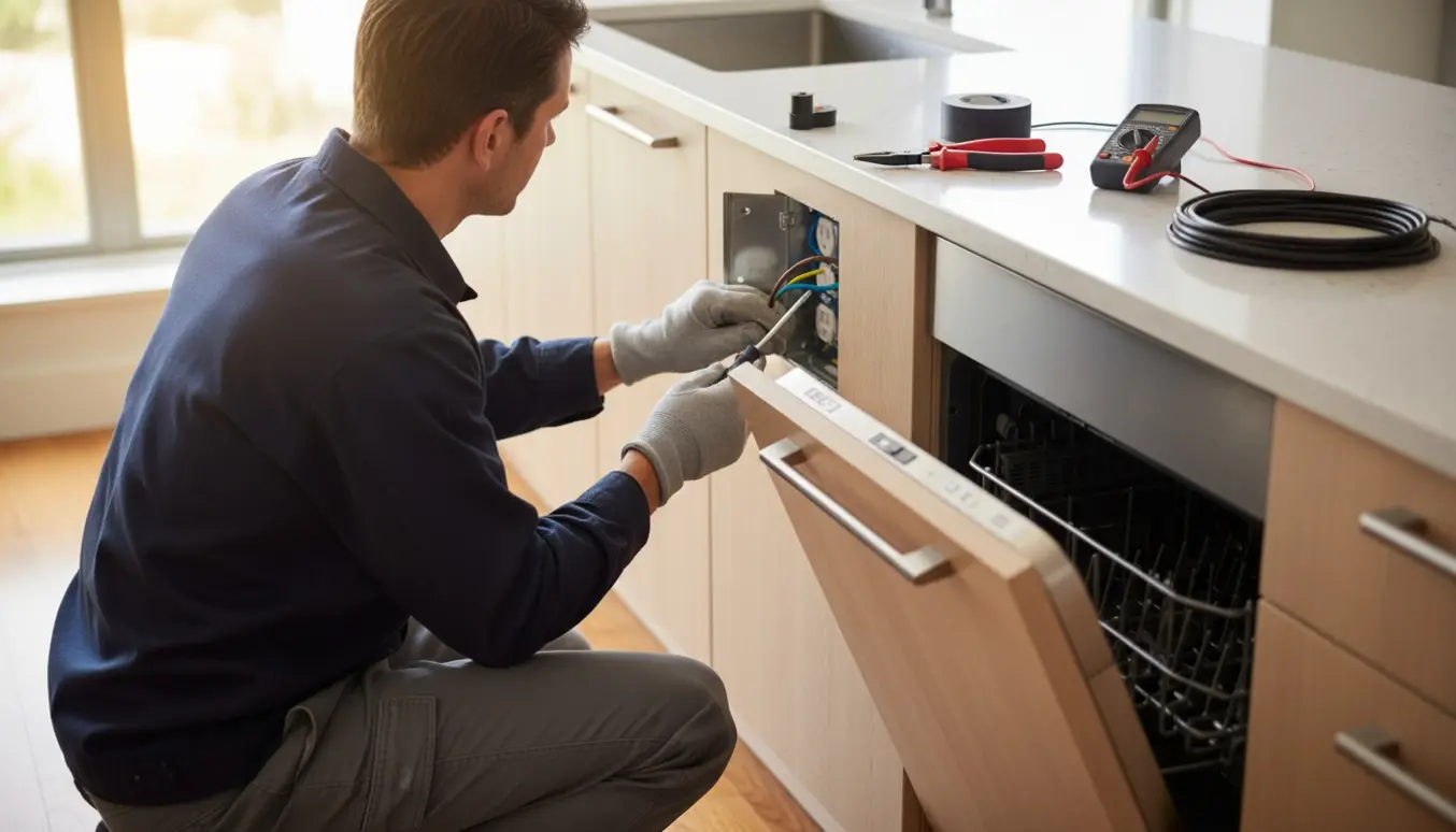 Autoriseret elektriker fra bagenden installerer en jordet stikkontakt til en opvaskemaskine i et moderne køkken.