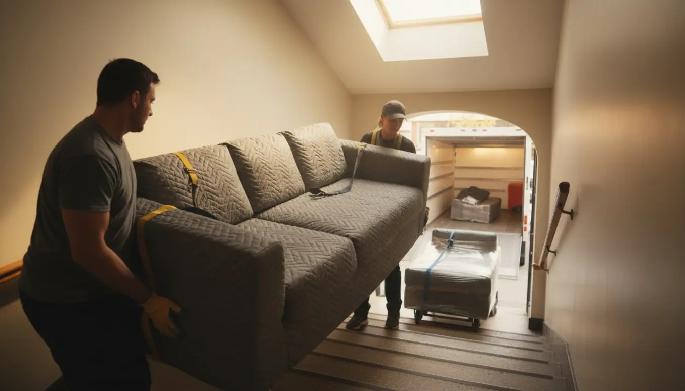 To personer bærer et stort sofa-modul ned ad en soloplyst opgang med et pakket modul og flyttebil i baggrunden.