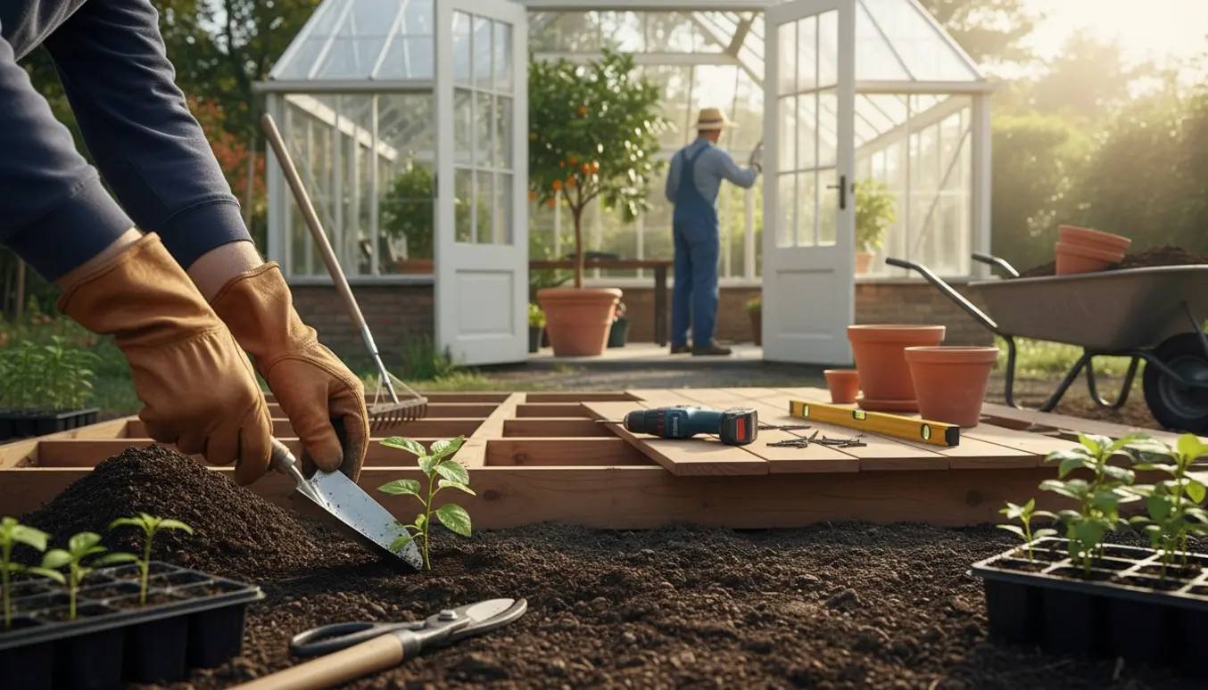 Hænder planter i forberedt jord foran en lille terrasse under opbygning ved et solbeskinnet orangeri.