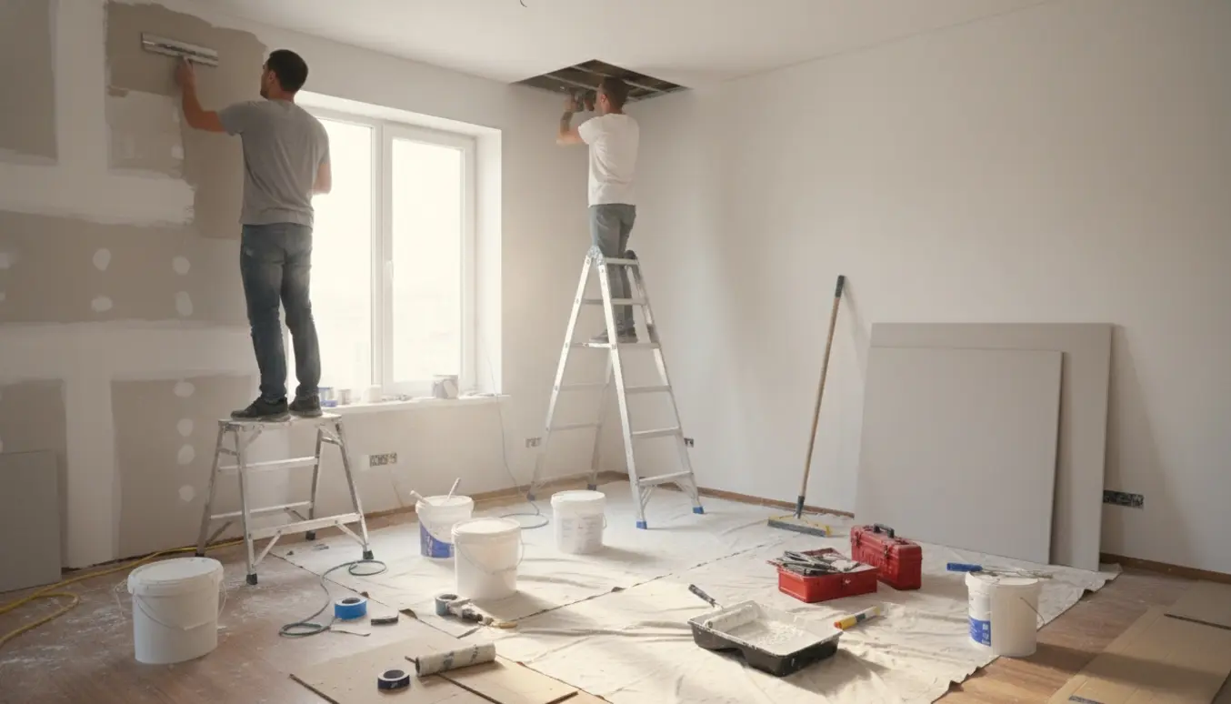 Renoveringsscene med spartling, slibning, opsætning af fibergipsloft og maling i et lyst rum.