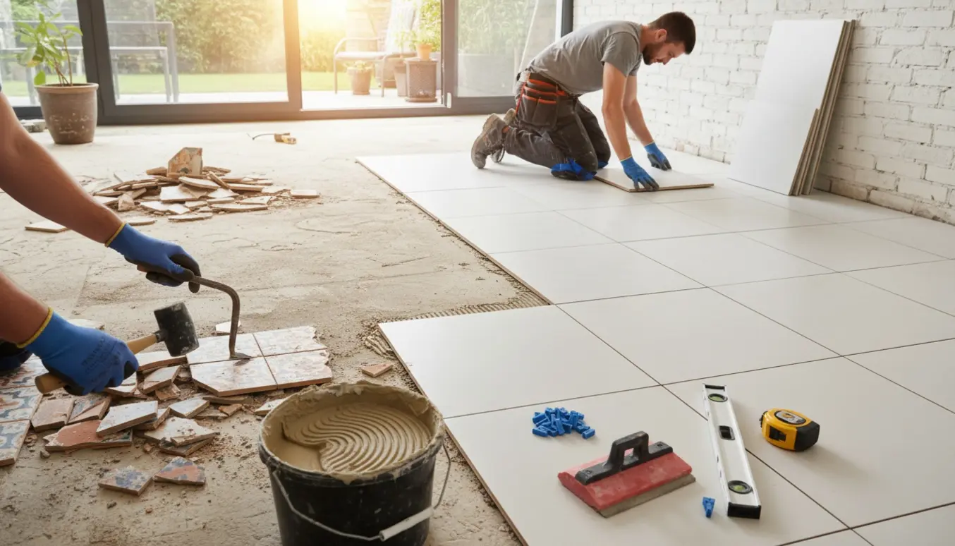 Håndværker fjerner gamle fliser og forbereder underlaget, nye 30x30 fliser ligger klar til lægning.