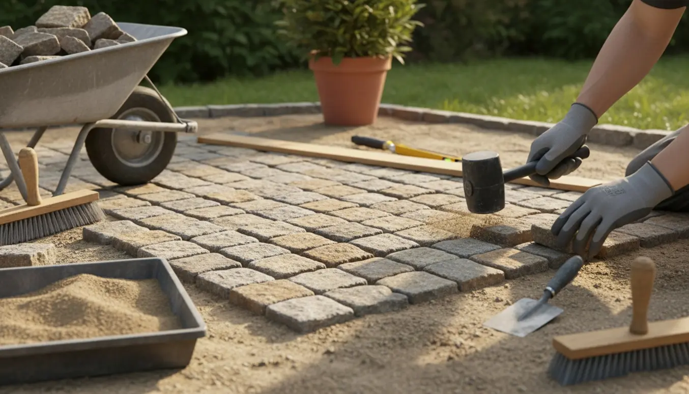 Nærbillede af hænder, der lægger brosten på en lille rektangulær terrasse.