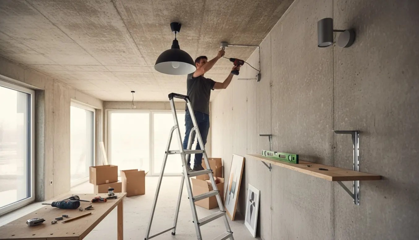 Montering af loft- og væglamper og opsætning af en hylde på betonvæg i en ny lejlighed.