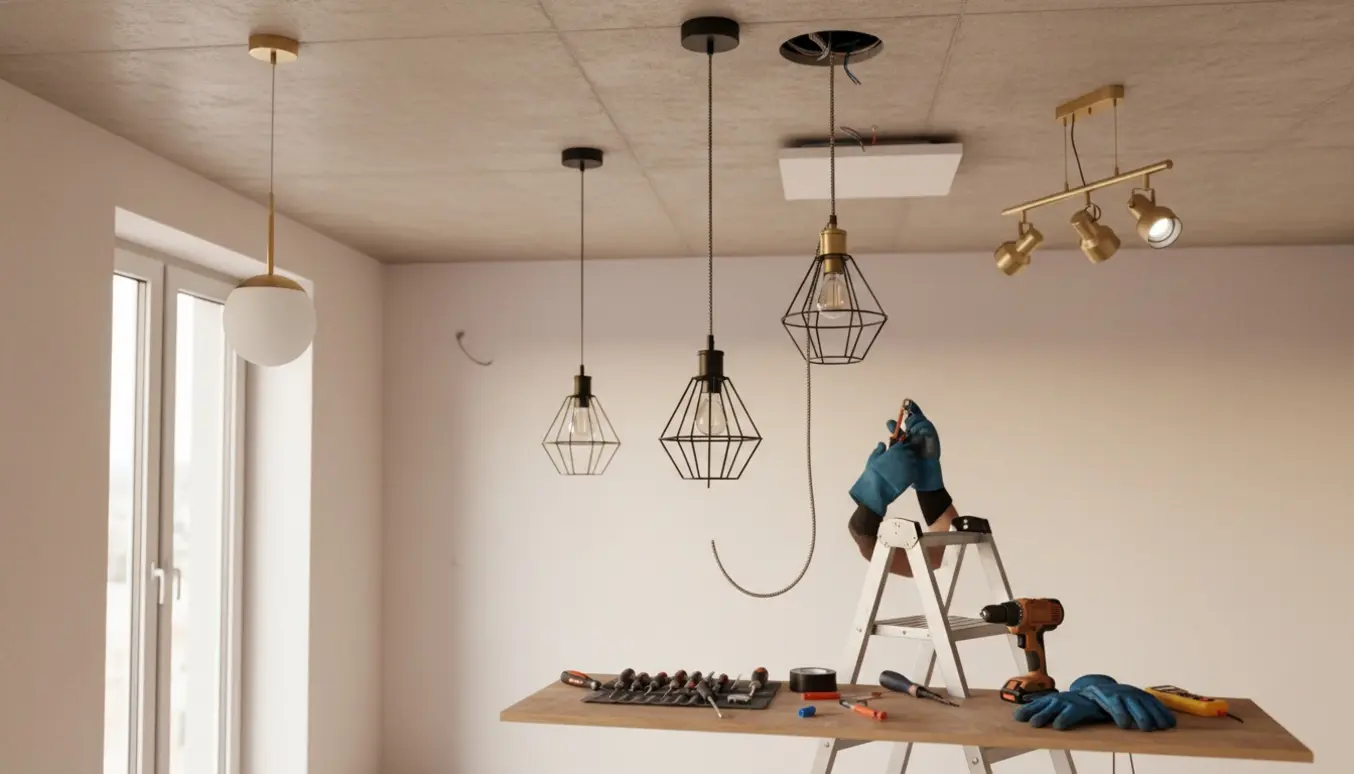 Installering af fem loftlamper i en nybygget lejlighed med betonloft og værktøj.