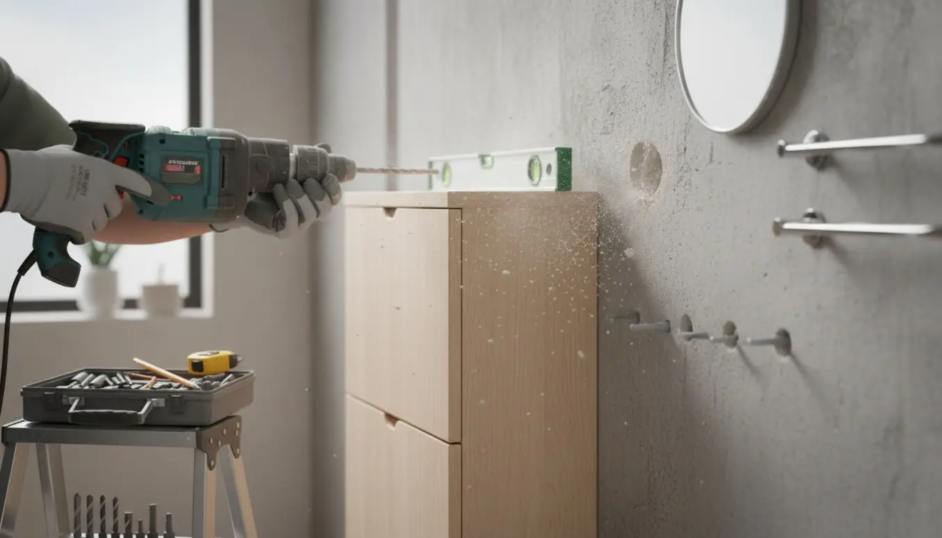 En borehammer borer huller i en betonvæg for at montere skoskab, spejl og håndklædekroge.