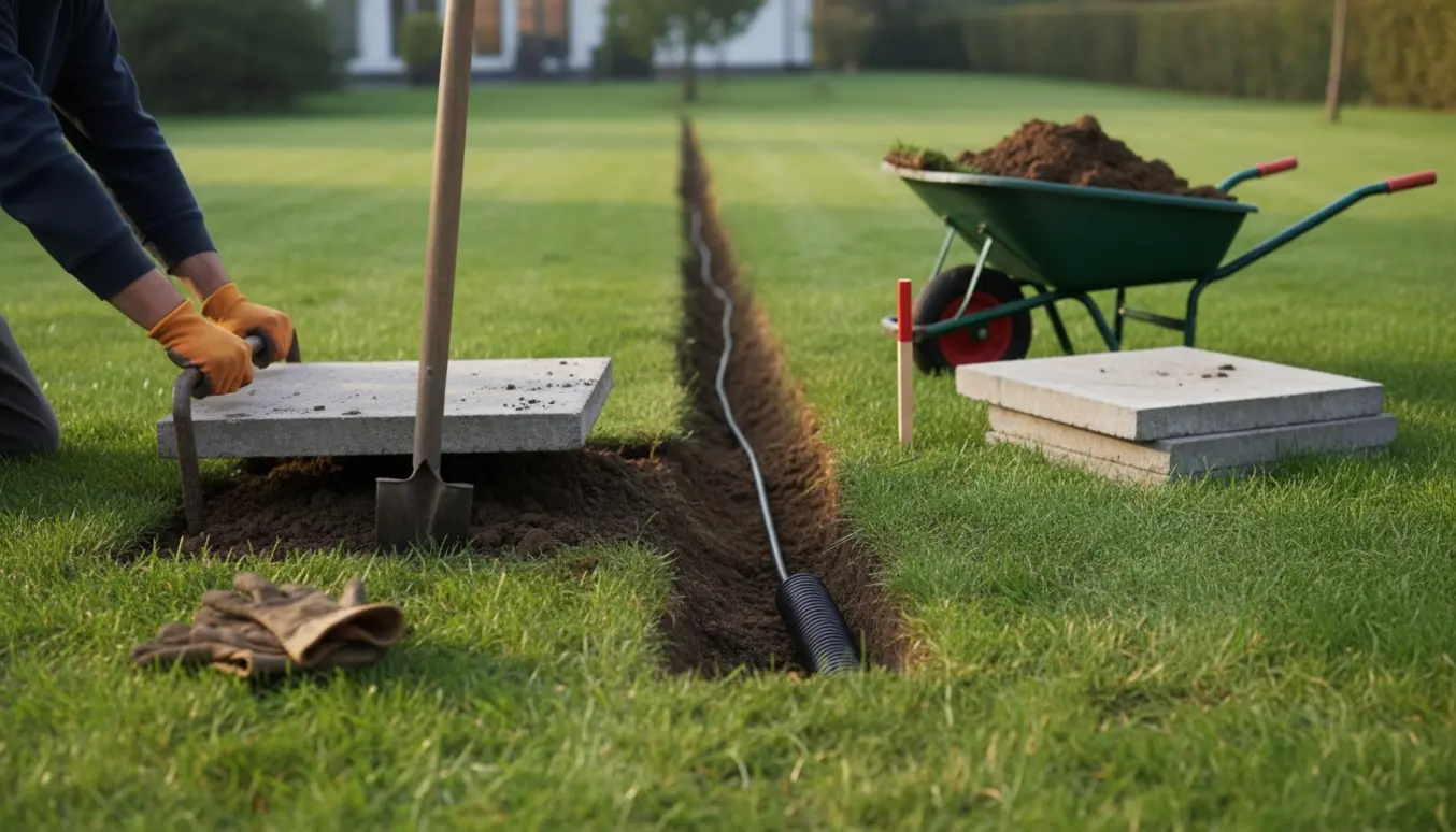 Småhåndværkere graver en smal rende i græsplænen og løfter en stor flise, klar til at lægge kabel.