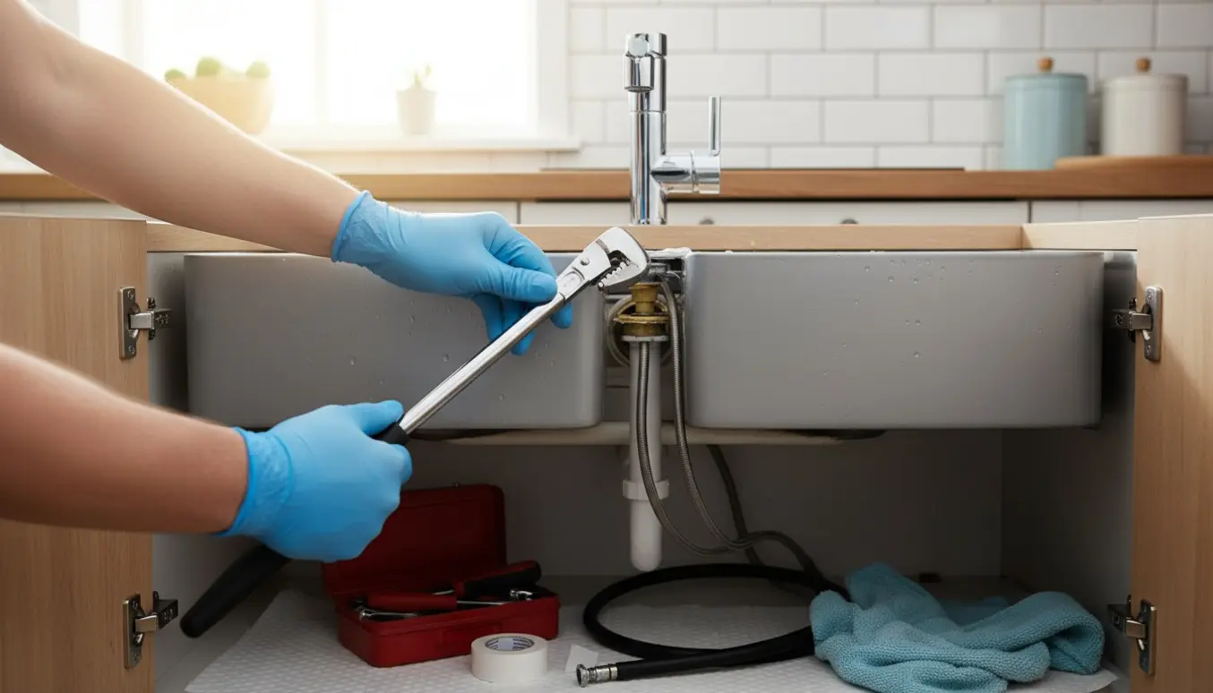 Hænder udskifter et køkkenarmatur under vasken med en skruenøgle, nyt armatur og værktøj ved siden af.