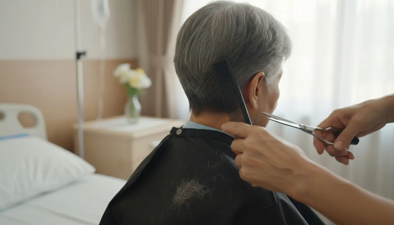 Hænder klipper kort, gråt hår på en ældre kvinde i et roligt sundhedscenter.