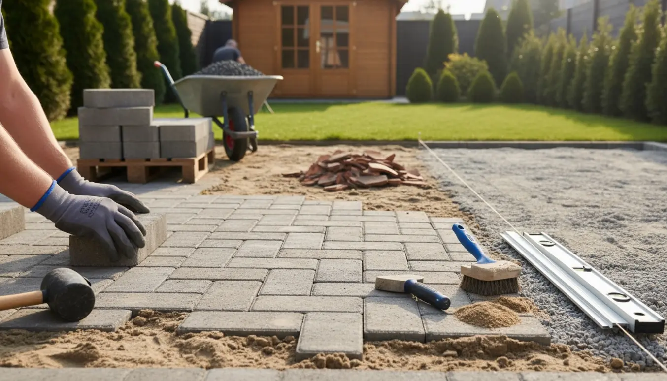 Hænder lægger nye fliser på en sandbund i en lille have ved en ca. 20 m² terrasse.