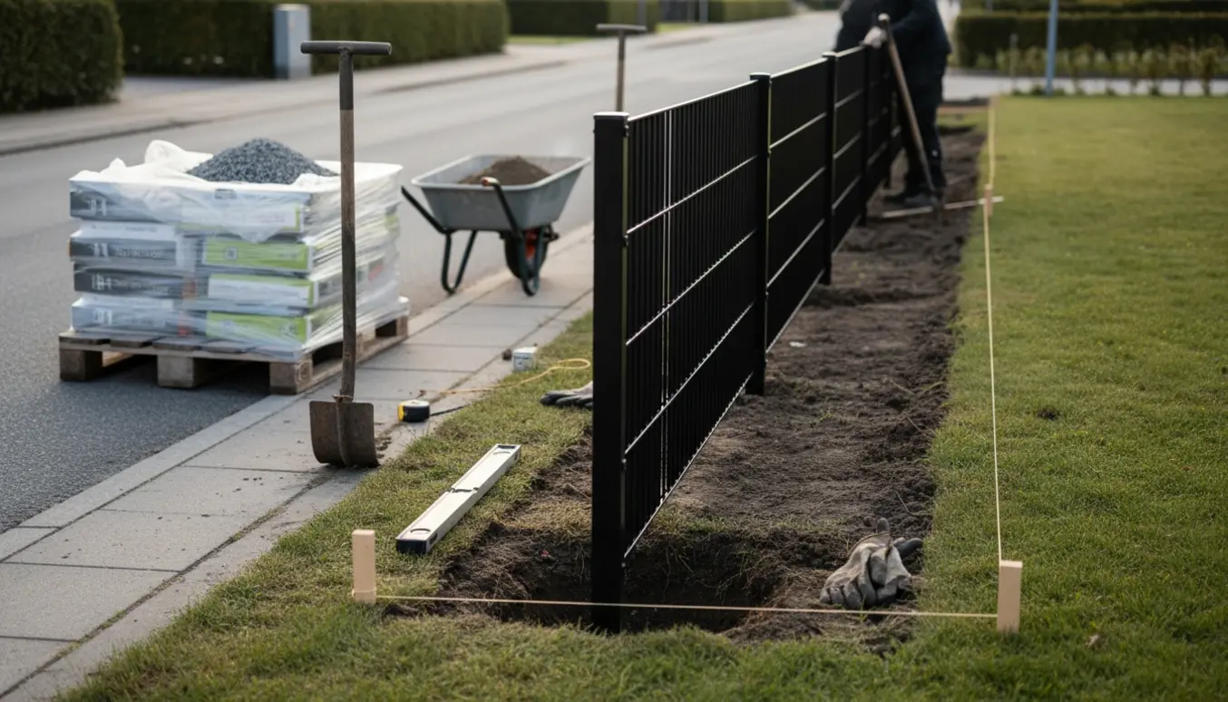 Installation af sort Jima klinkehegn i en lige strækning ved et nyryddet hækkeområde med værktøj og monterede stolper.