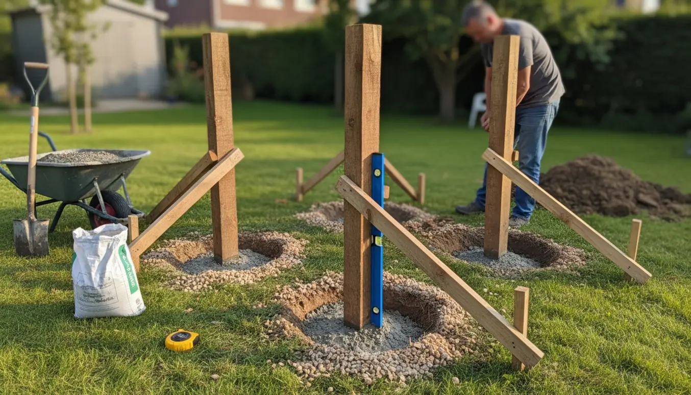 Fem træstolper støbt i frisk beton i haven med støttekryds og værktøj i baggrunden.