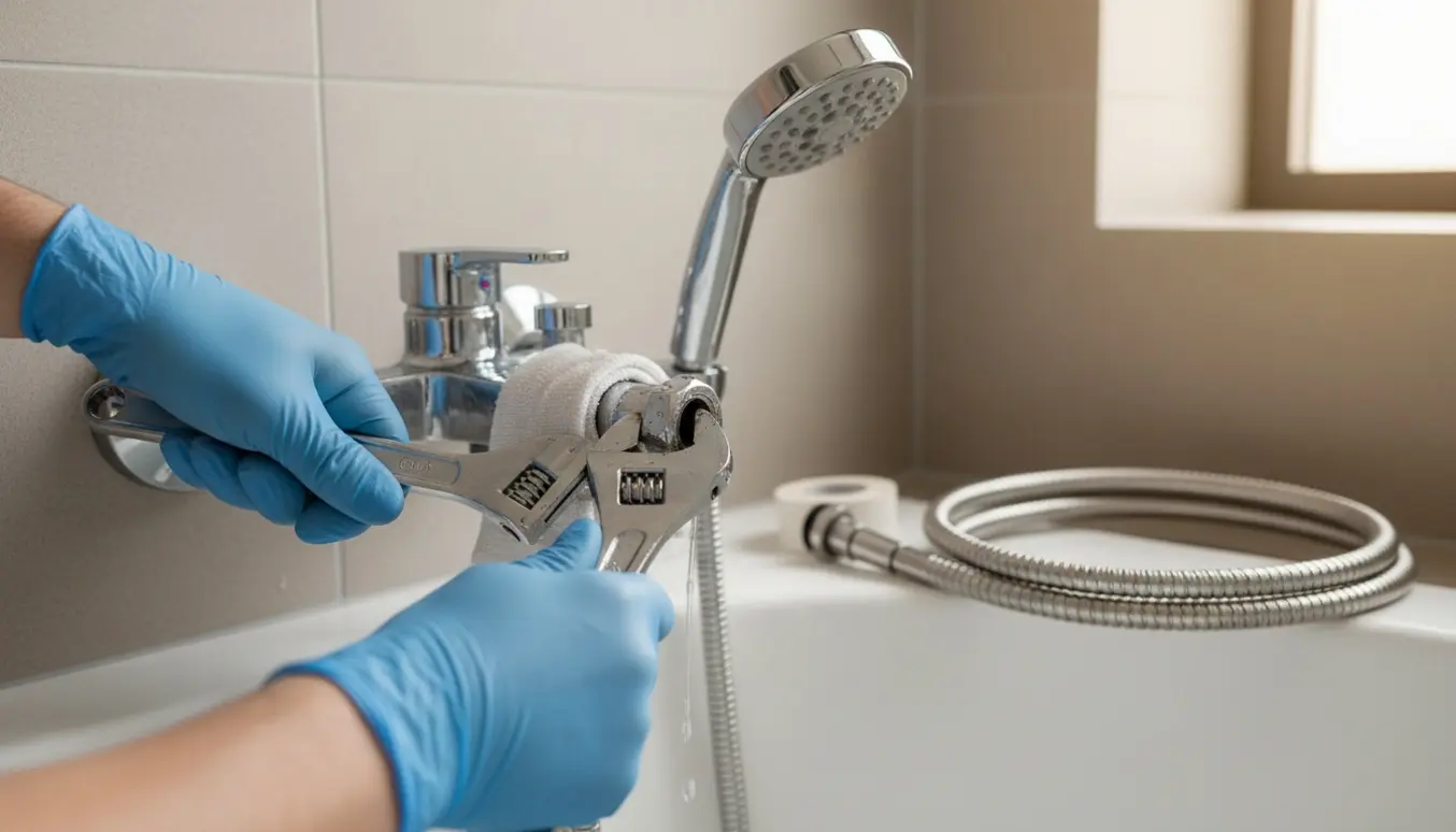 Nærbillede af hænder, der løsner en stram møtrik på en bruserslange med en skruenøgle.