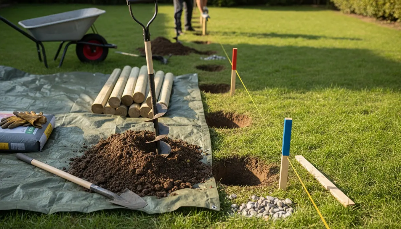 Nygravede huller til hegn i en baghave med spade, håndbor og stolper klar til montering.