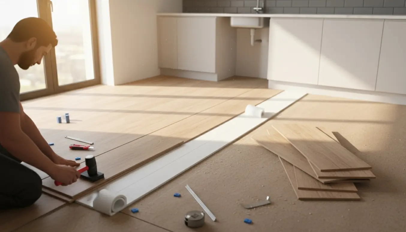 Hænder lægger klikgulv i et lille køkken med en rulle underlag klar ved siden af.