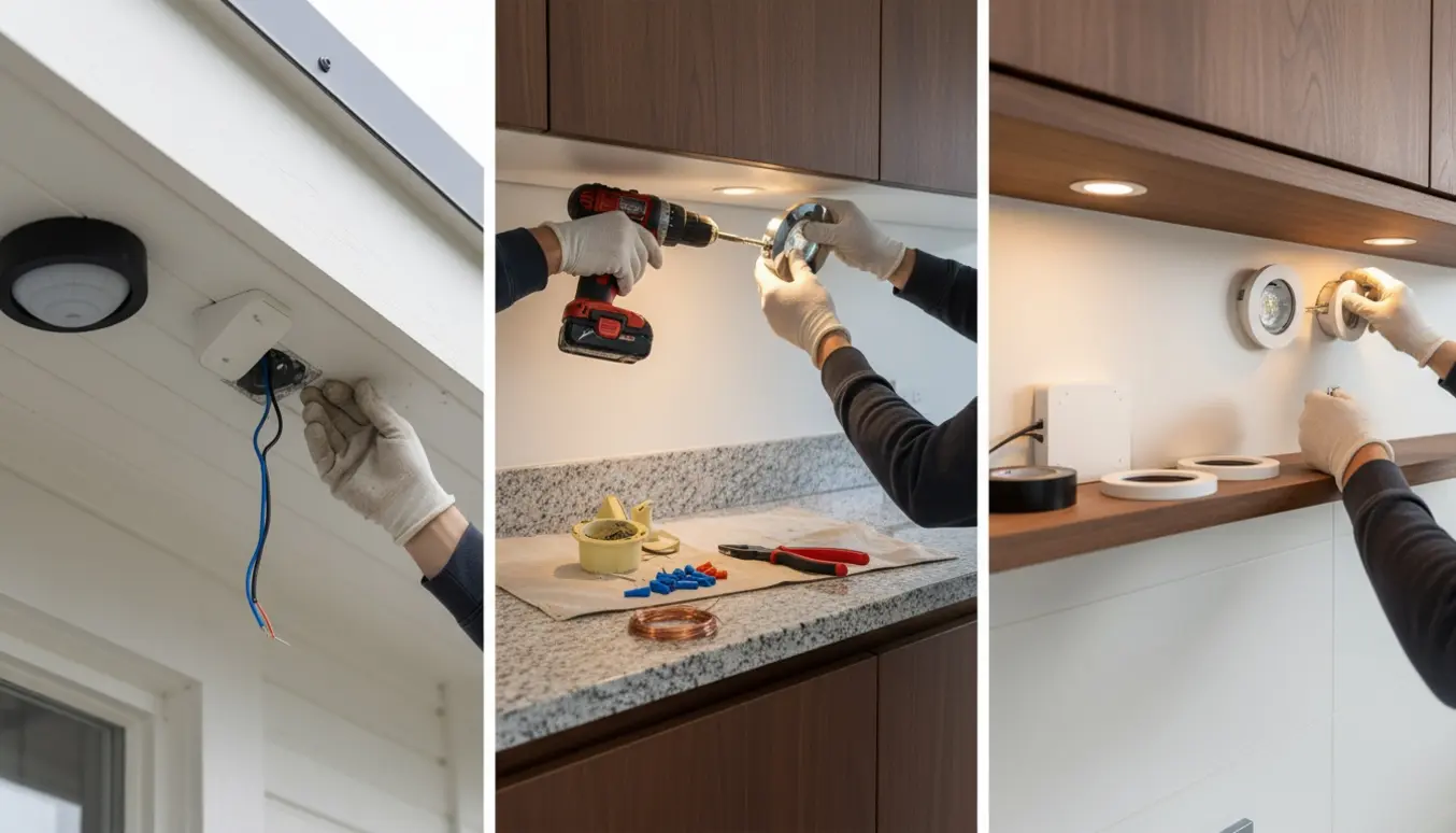 Montage af montering af udendørslampe og føler under udhæng samt udskiftning af spots under køkken- og badeskabe.