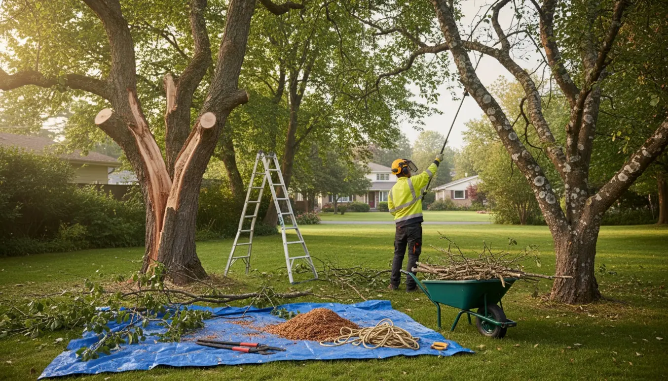 To træer i en have, én med stormskade og én med syge grene, mens beskæring og oprydning foregår.