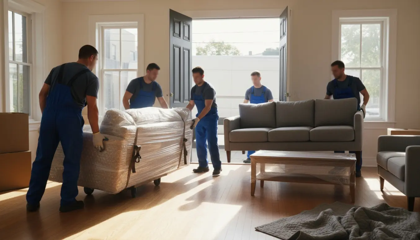 Flyttemænd bærer en hjørnesofa ud, mens nye tre-personers og to-personers sofaer, en stol og et indpakket sofabord bæres ind i en lys stue.