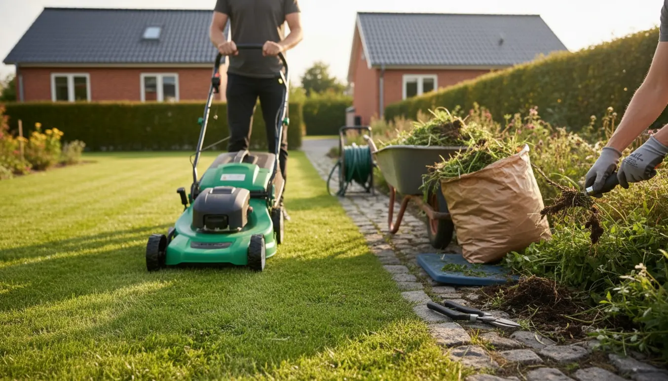 En dansk forhave, hvor græs klippes og ukrudt trækkes væk med handsker og haveværktøj.