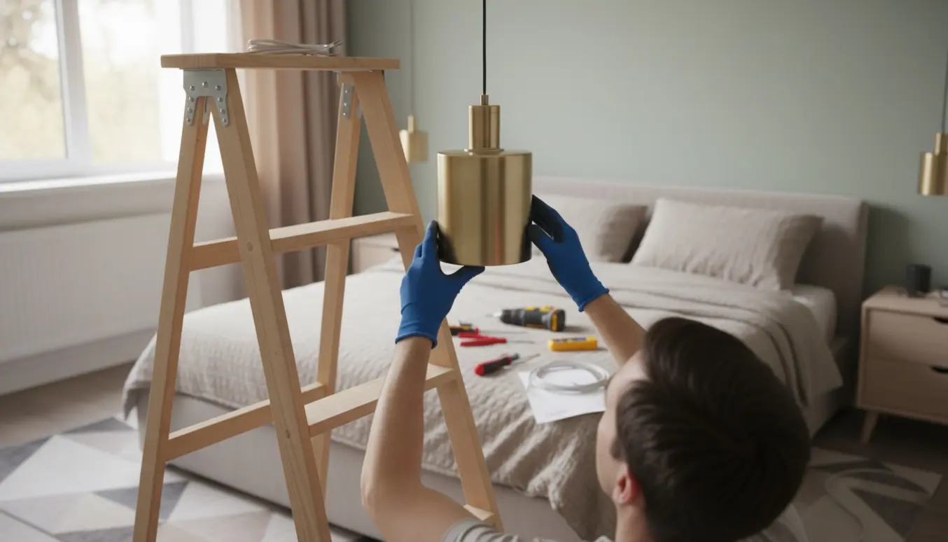 En person opsætter en loftslampe i et værelse, kun hænder og værktøj ses tydeligt.