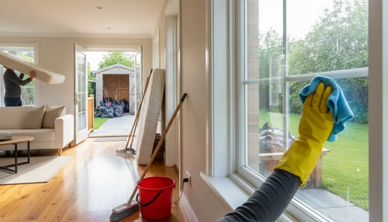 Lys og ryddet stue med rengøringsudstyr, pakkede affaldssække og madras flyttet ud klar til boligsalg.