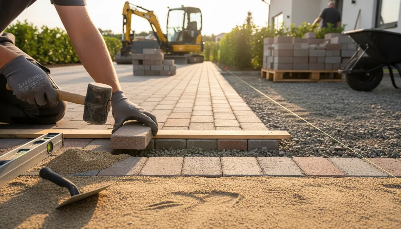 Hænder lægger marksten på en ny indkørsel med sand- og grusbund i varmt naturligt lys.