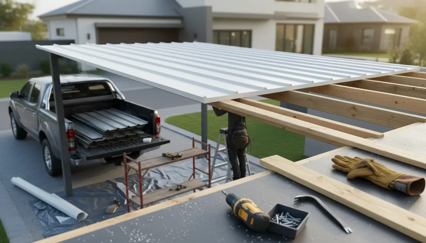 Udskiftning af carporttag med nye termopaneler, værktøj på taget og stablede gamle trapezplader ved siden af.