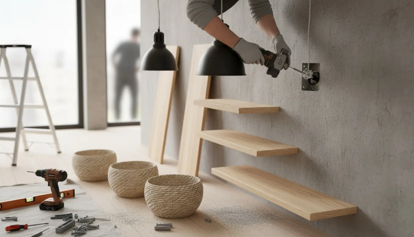 Hænder og værktøj monterer kurve, hylder og to lamper på en massiv betonvæg med ledninger samlet i ét udtag.