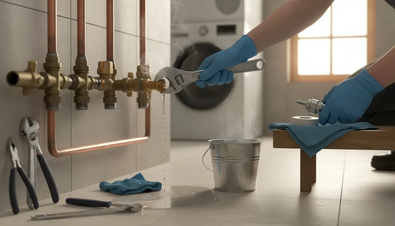 Hænder udskifter en utæt telestat på en gulvvarmemanifold med værktøj og spand til opsamling af vand.