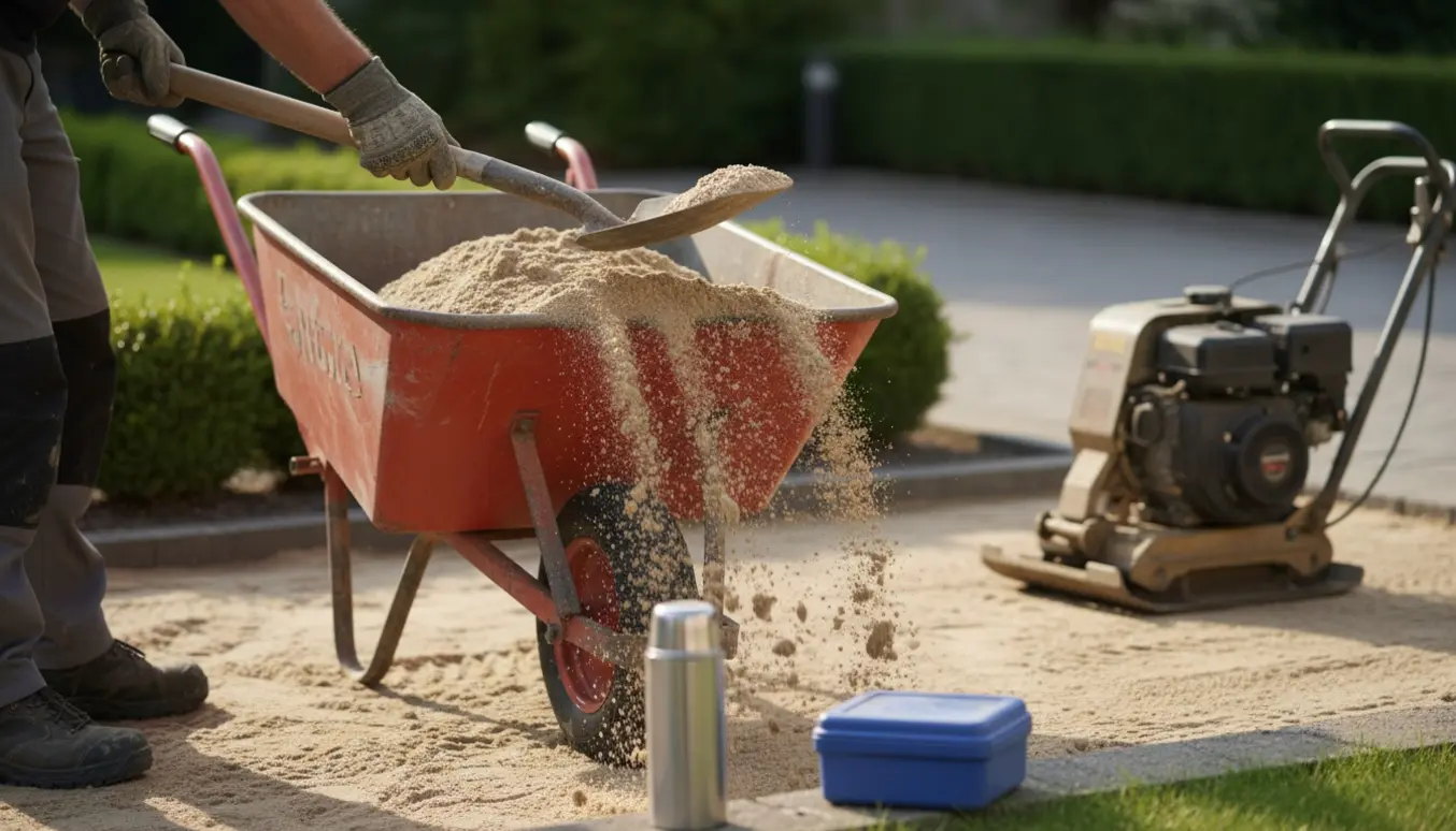 En arbejder skovler sand i en motorbør ved siden af en jordloppe på en solrig byggeplads.