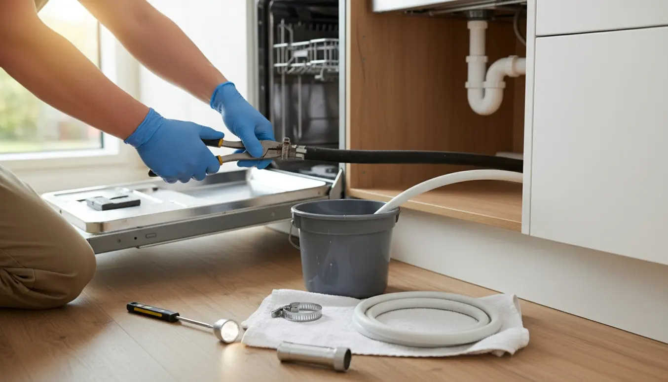 Hænder skifter afløbsslange på en delvist udtrukket opvaskemaskine under et køkkenbord.
