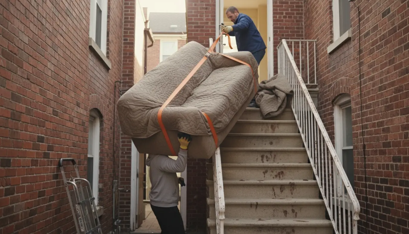 To personer bærer en sofa op ad en udvendig trappe til et rækkehus, med flyttetæpper og stropper, ansigter ikke synlige.