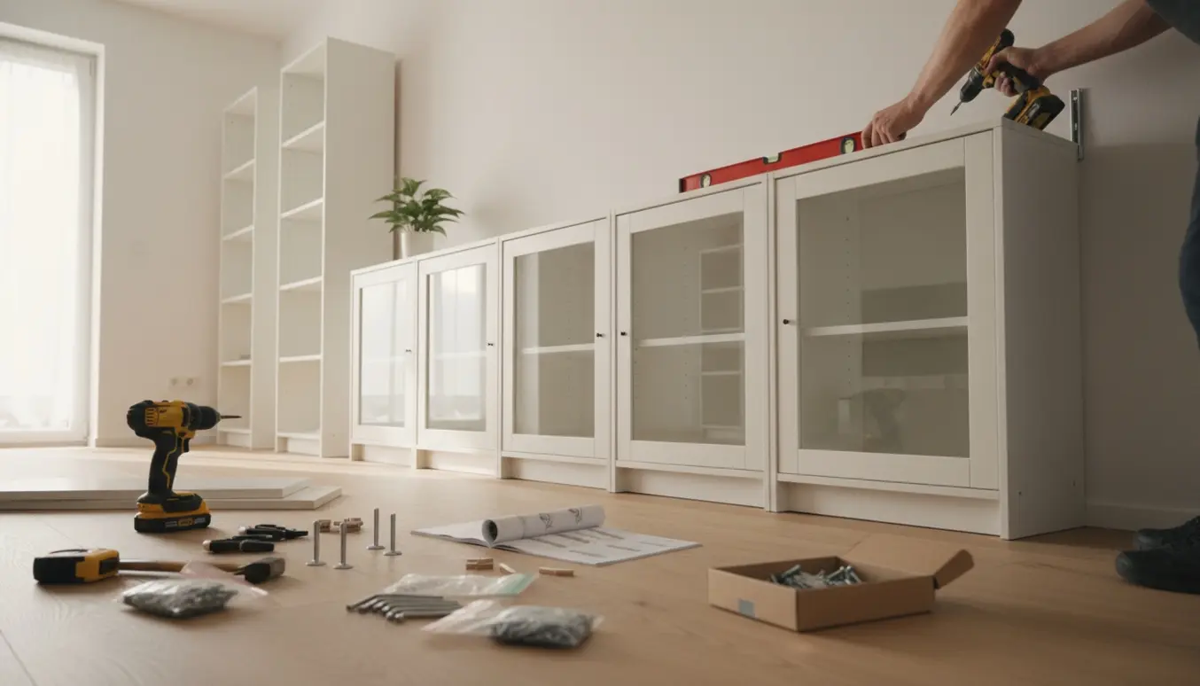 Fem høje og fem lave hvide Billy/Oxberg-reoler under montering langs en væg med værktøj og monteringsdele i forgrunden.