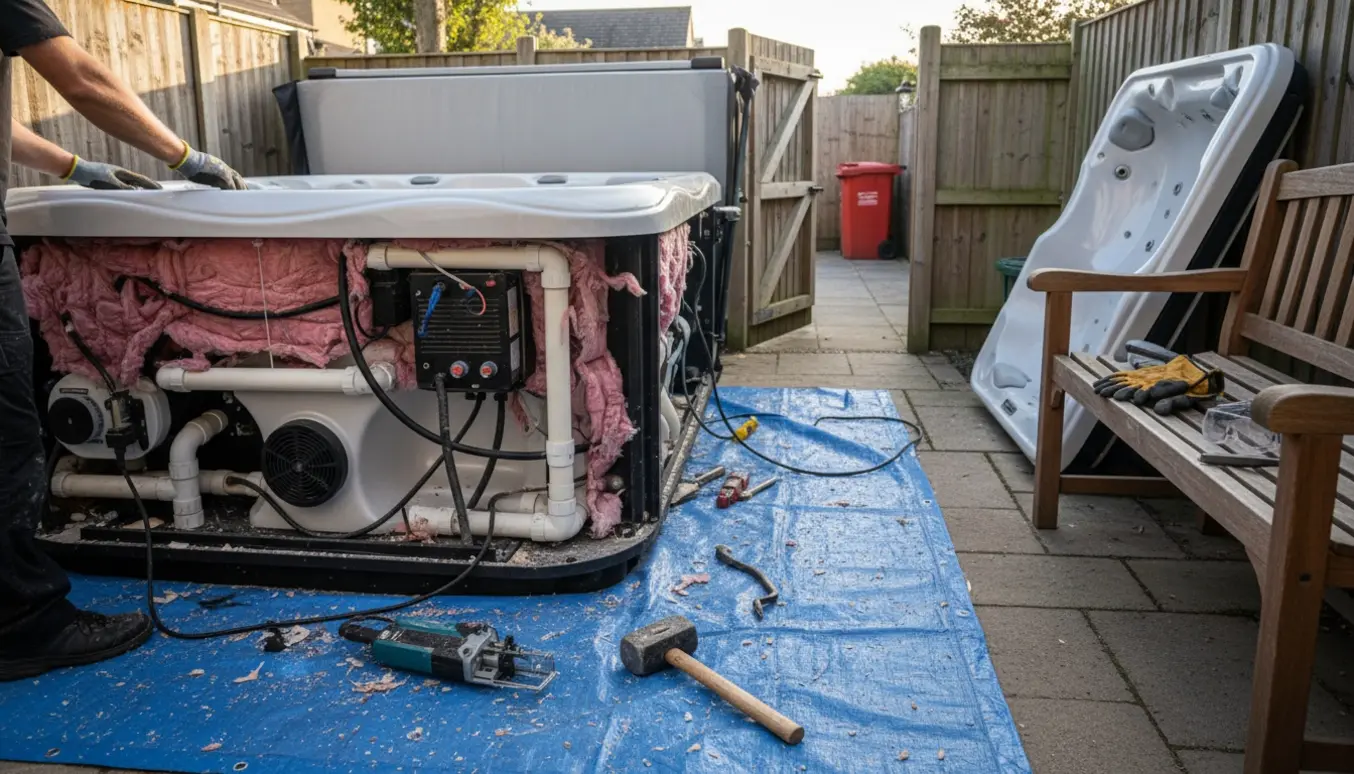 Delvist adskilt udendørs spa på terrasse med værktøj og stykker klar ved porten.