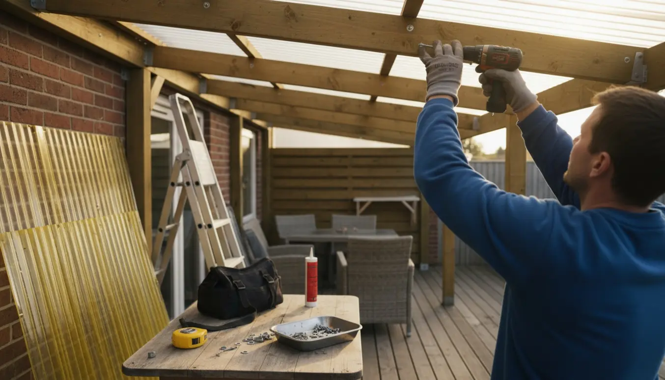 Nærbillede af hænder, der skruer et nyt gennemsigtigt plasttag fast på en overdækket terrasse, med gamle paneler stablet ved siden af.