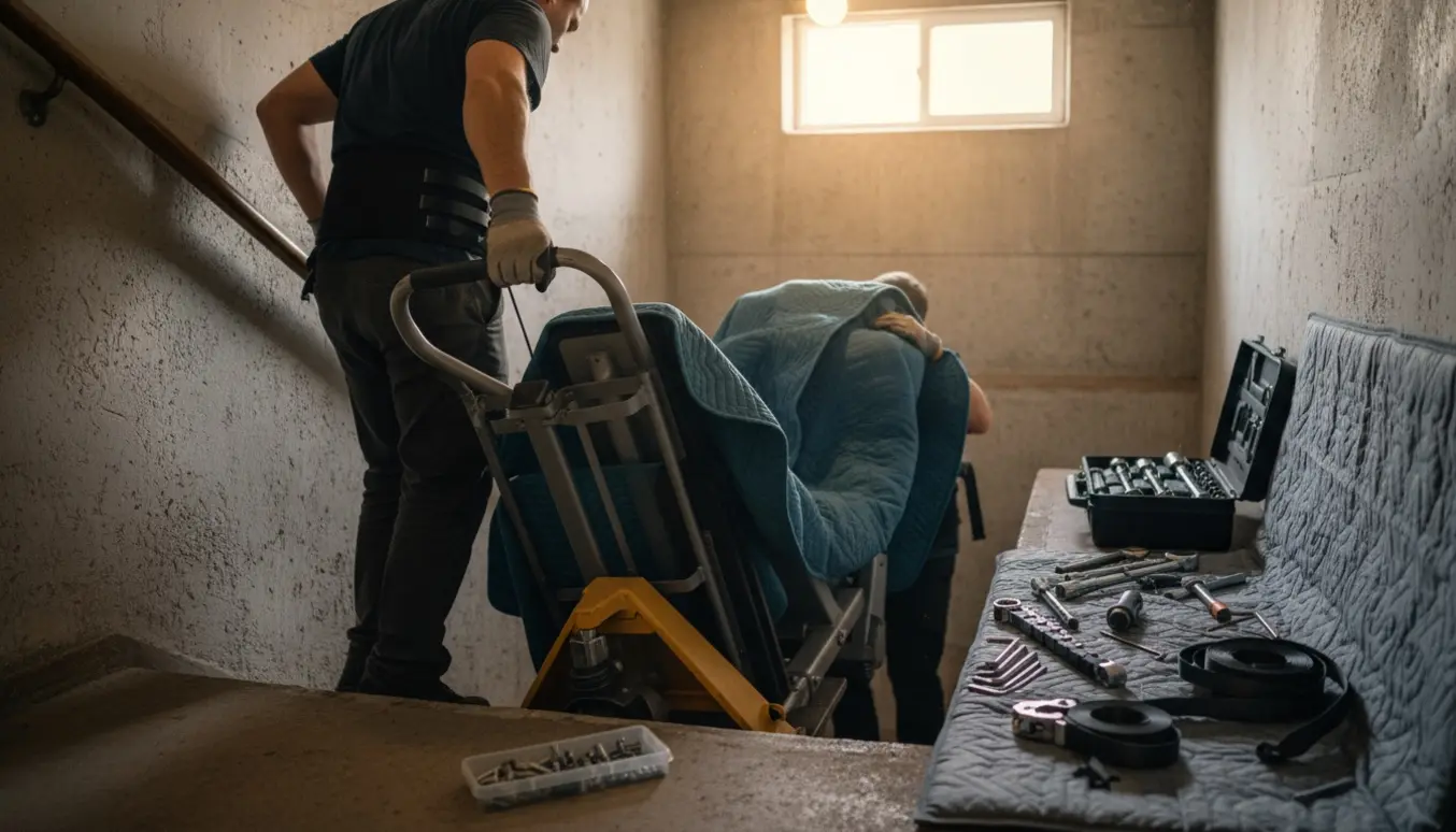 To flyttemænd bærer og adskiller en stor kommerciel træningsmaskine i en kældernedgang med værktøj og flyttetæpper klar.