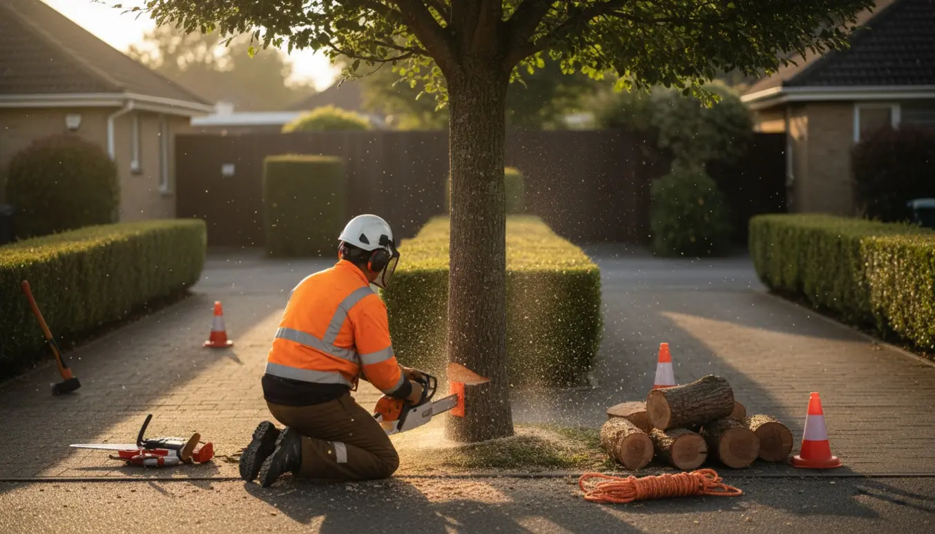 Fældning af et ca. 6 m højt træ mellem to indkørsler med motorsav og sikkerhedsudstyr.