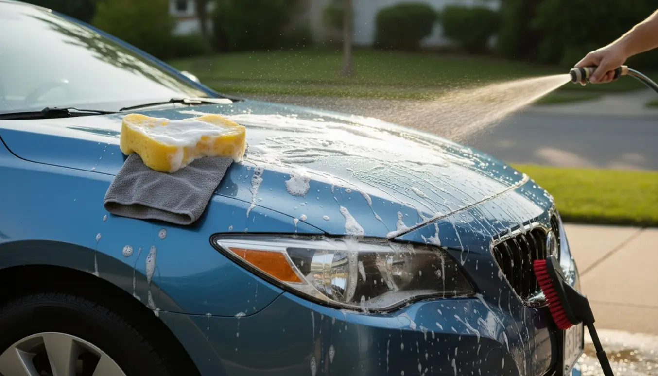 Bilen vaskes i indkørsel med sæbeskum, spand, svamp og mikrofiberklud, uden synlige ansigter.