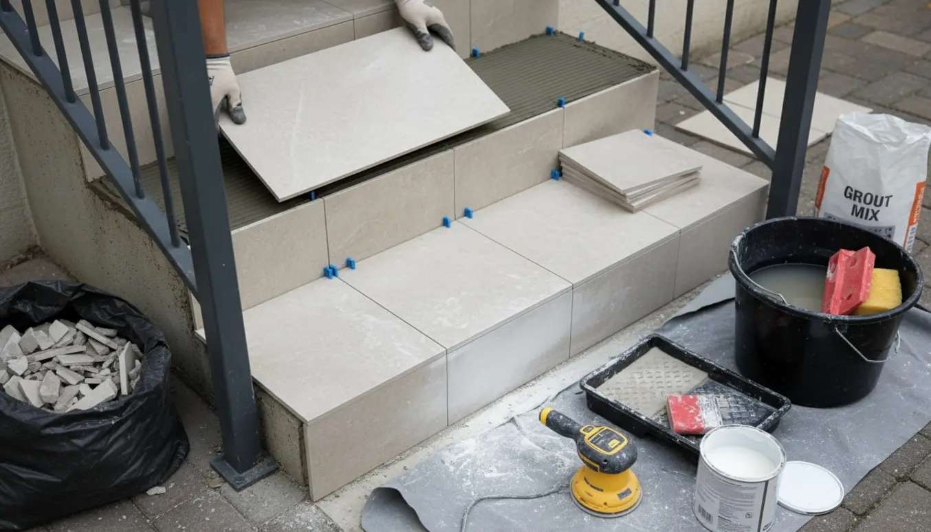 Trappe under renovering med nye fliser, fugeværktøj og et halvslebet, nymalet gelænder.