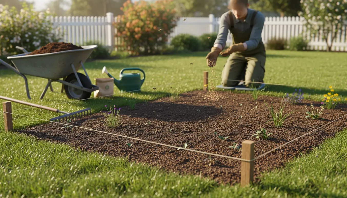 Hænder sår vilde blomsterfrø i et afgrænset havebed med trillebør, rive og spirende planter i varmt sollys.