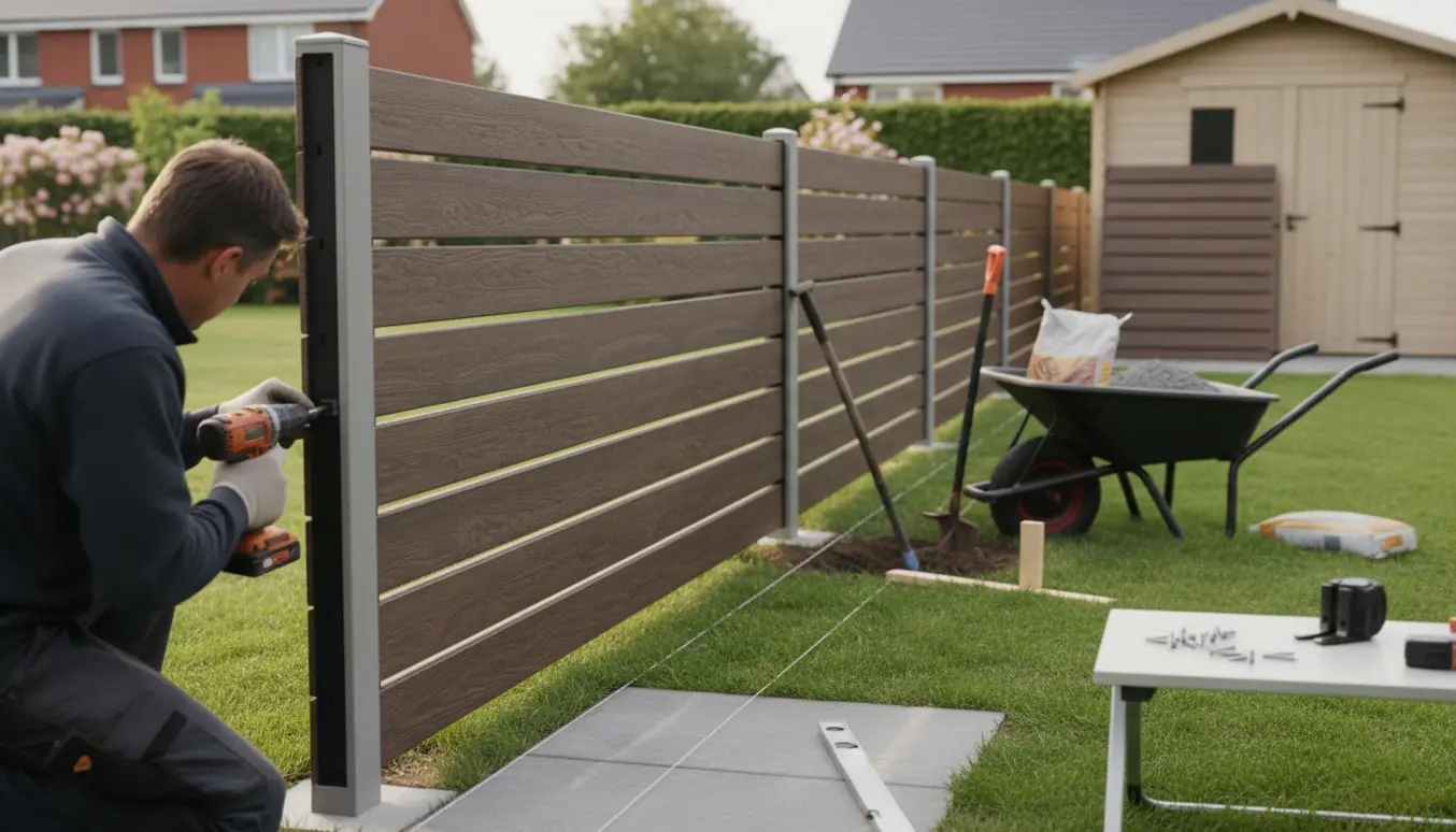 Opsætning af et 4 meter langt komposit raftehegn på cirka 160 cm højde med værktøj i forhaven.
