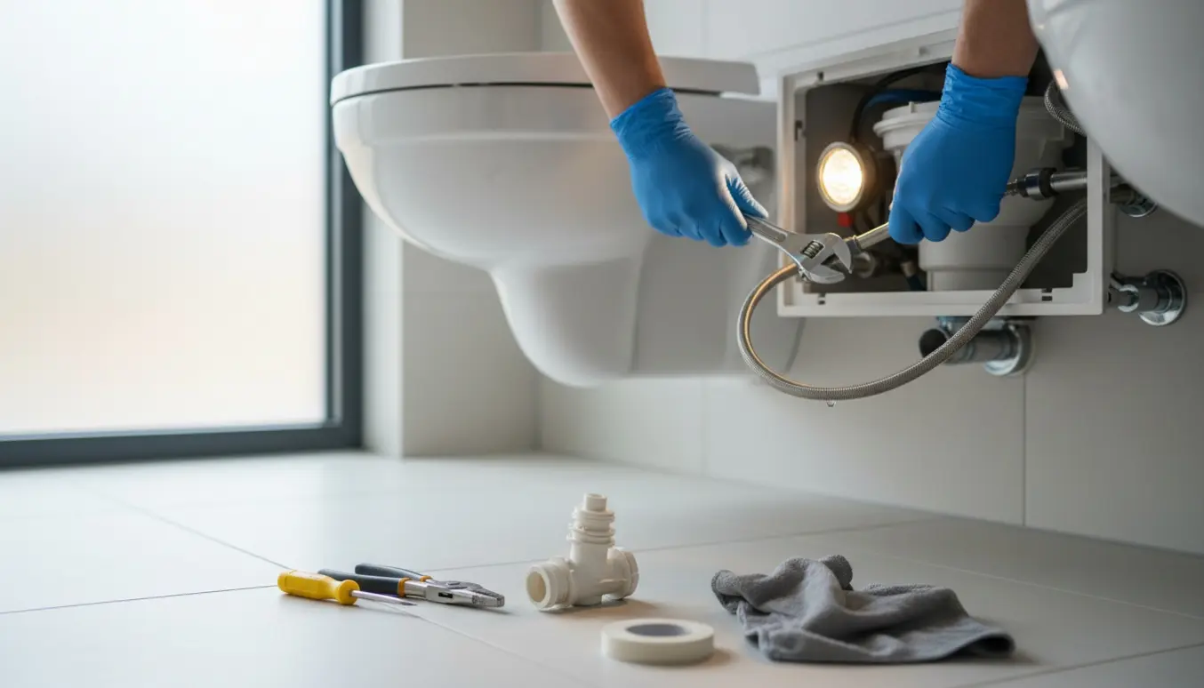 En tekniker arbejder på en væghængt toilet med åben adgangspanel og synlige vandtilførselsrør.