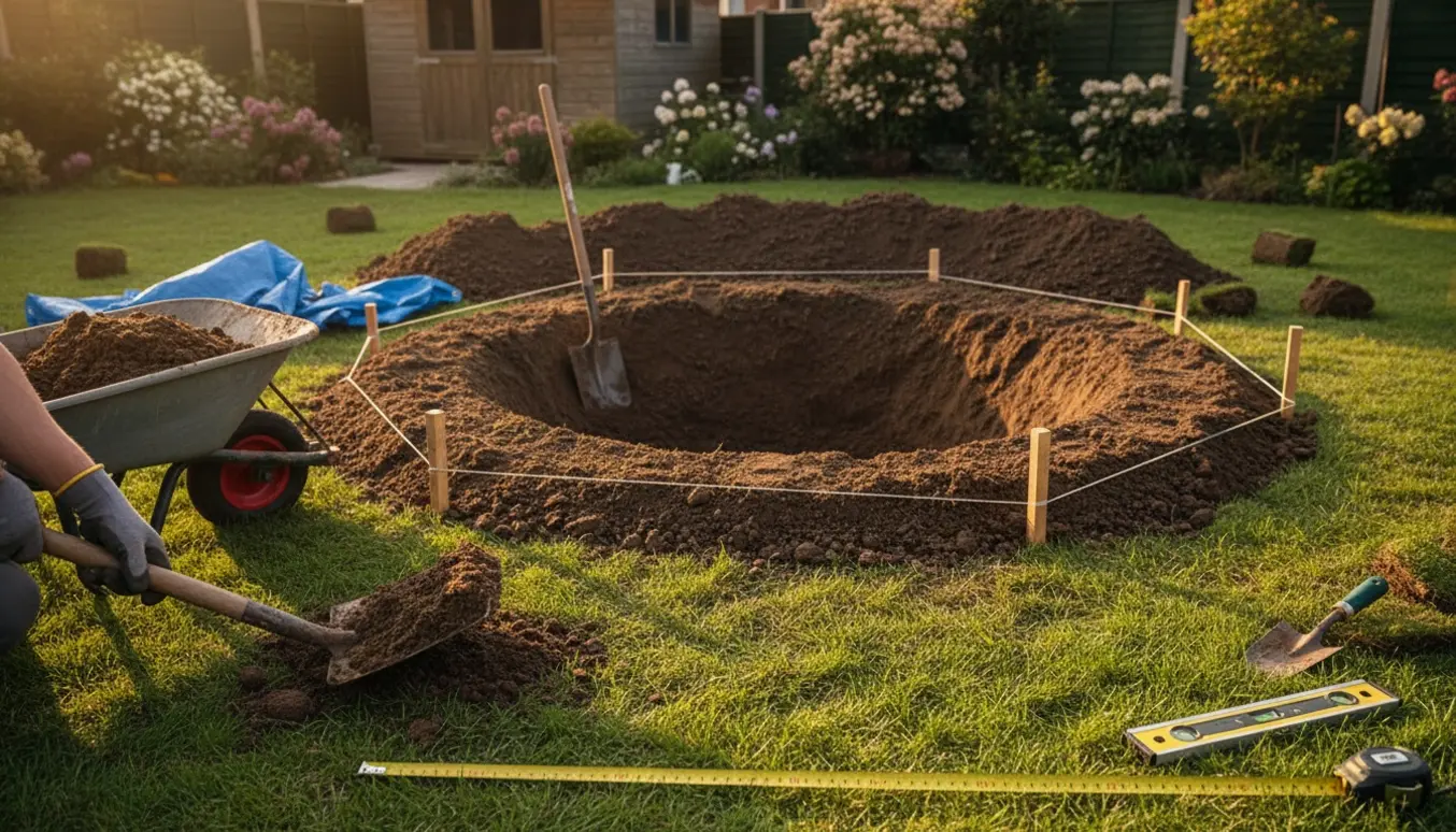 Solbelyst baghave med et rundt hul gravet til en nedsænket trampolin, omgivet af jordbunker og redskaber.
