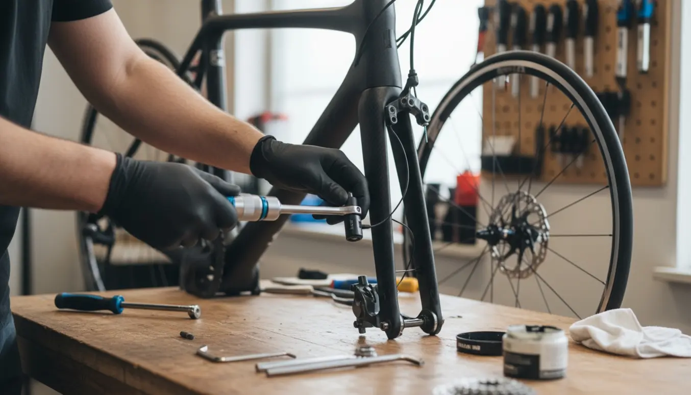 Hænder monterer Shimano Ultegra 8070 Di2-gruppe og skivebremse på en ny carbon racerramme i et lyst værksted.