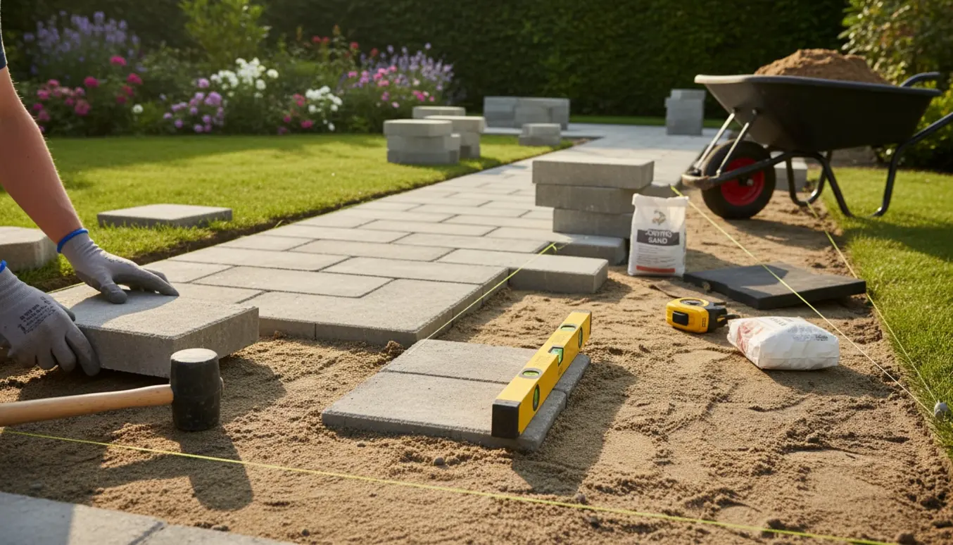Nærbillede af hænder, der lægger havefliser med værktøj og stakke af fliser i baggrunden.