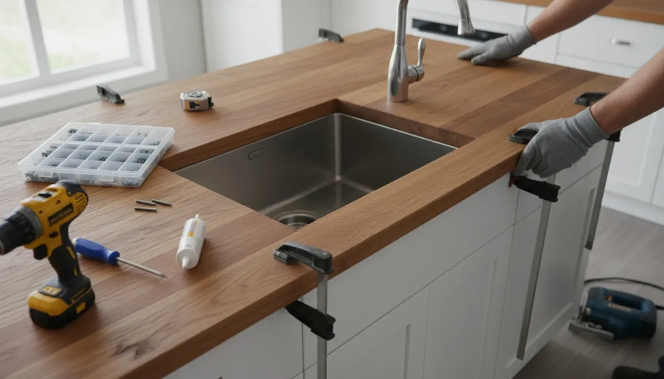 Ny køkkenbordplade sænkes på plads med vask og genbrugt blandingsbatteri ved siden af, værktøj og en tom skruemodulbeholder.