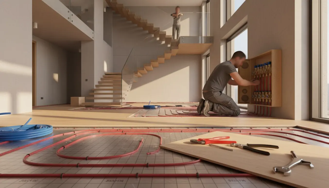 En VVS'er arbejder ved en gulvvarmefordeler i en lys tre-etagers bolig med synlige varmerør og værktøj.