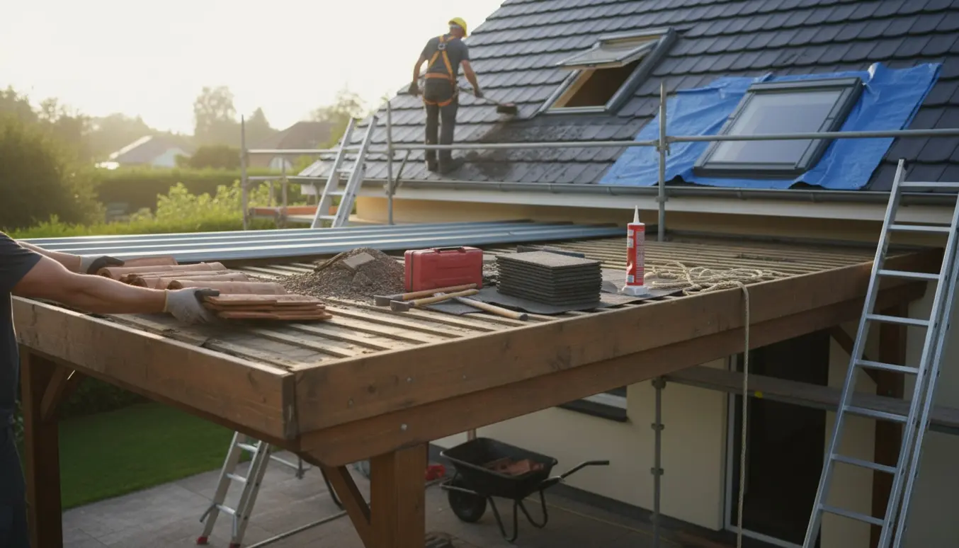 Tagdækkere fjerner gammelt tag på en carport, rydder løse sten på husets tag og forbereder et nyt tagvindue.